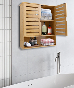 3-Laags Bamboe Wandkast – Organizer met Deuren & Planken, 58 cm