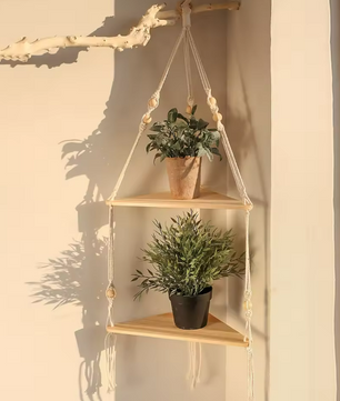 Drijvende Wandplank Driehoek – Houten Hangplank met 3/4 Niveaus, Boho Stijl