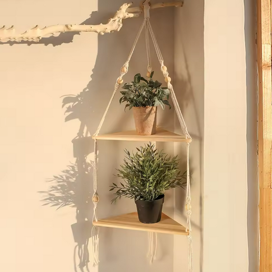 Drijvende Wandplank Driehoek – Houten Hangplank met 3/4 Niveaus, Boho Stijl