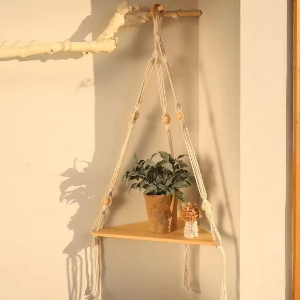 Drijvende Wandplank Driehoek – Houten Hangplank met 3/4 Niveaus, Boho Stijl