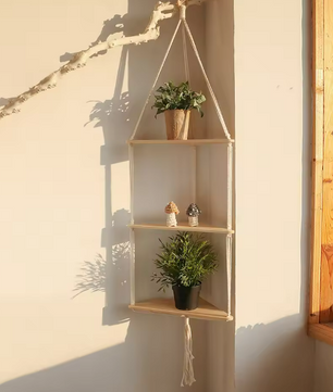 Drijvende Wandplank Driehoek – Houten Hangplank met 3/4 Niveaus, Boho Stijl