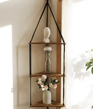 Drijvende Wandplank Driehoek – Houten Hangplank met 3/4 Niveaus, Boho Stijl