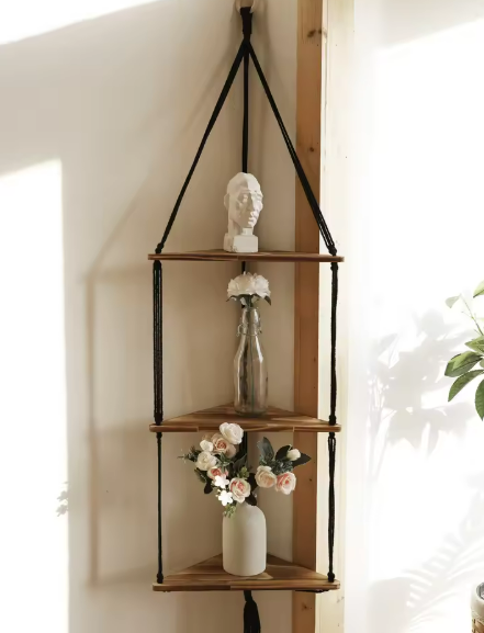 Drijvende Wandplank Driehoek – Houten Hangplank met 3/4 Niveaus, Boho Stijl