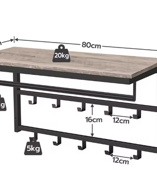 Wandkapstok met Plank – Metalen Wandrek met 10 Haken & Stang