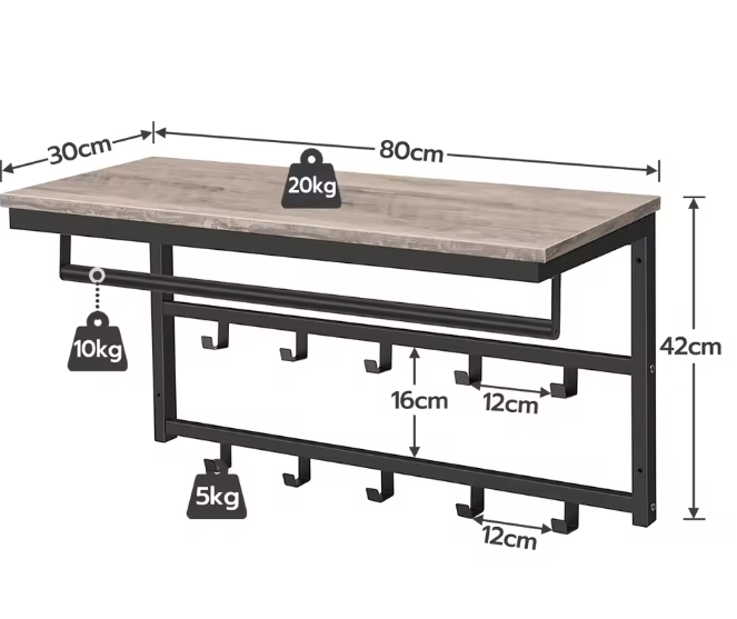 Wandkapstok met Plank – Metalen Wandrek met 10 Haken & Stang