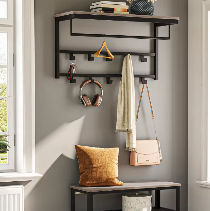 Wandkapstok met Plank – Metalen Wandrek met 10 Haken & Stang
