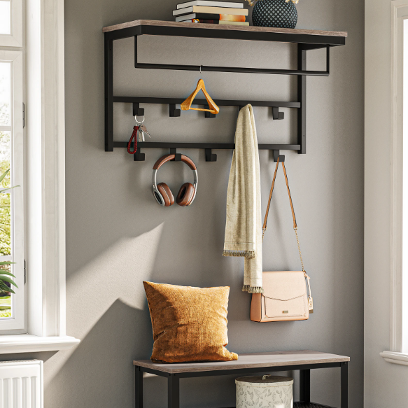 Wandkapstok met Plank – Metalen Wandrek met 10 Haken & Stang