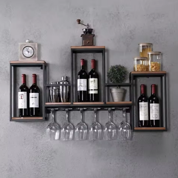 Vintage Wandplank voor Wijn – Houten & Metalen Wijnrek met Glazenhouder