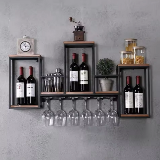 Vintage Wandplank voor Wijn – Houten & Metalen Wijnrek met Glazenhouder