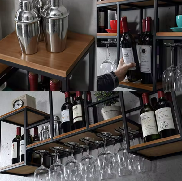 Vintage Wandplank voor Wijn – Houten & Metalen Wijnrek met Glazenhouder