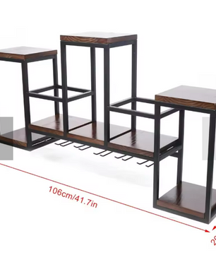 Vintage Wandplank voor Wijn – Houten & Metalen Wijnrek met Glazenhouder