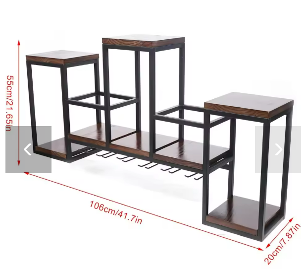 Vintage Wandplank voor Wijn – Houten & Metalen Wijnrek met Glazenhouder