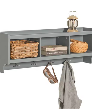Wandkapstok met Plank – Organizer met 3 Vakken & 4 Haken, Grijs
