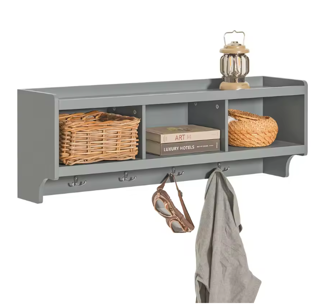 Wandkapstok met Plank – Organizer met 3 Vakken & 4 Haken, Grijs