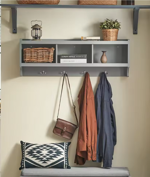 Wandkapstok met Plank – Organizer met 3 Vakken & 4 Haken, Grijs