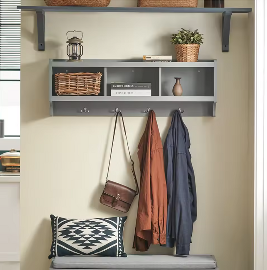 Wandkapstok met Plank – Organizer met 3 Vakken & 4 Haken, Grijs