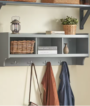 Wandkapstok met Plank – Organizer met 3 Vakken & 4 Haken, Grijs