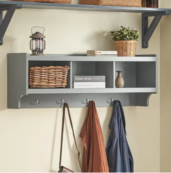 Wandkapstok met Plank – Organizer met 3 Vakken & 4 Haken, Grijs