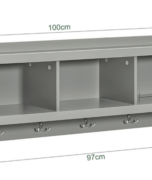 Wandkapstok met Plank – Organizer met 3 Vakken & 4 Haken, Grijs
