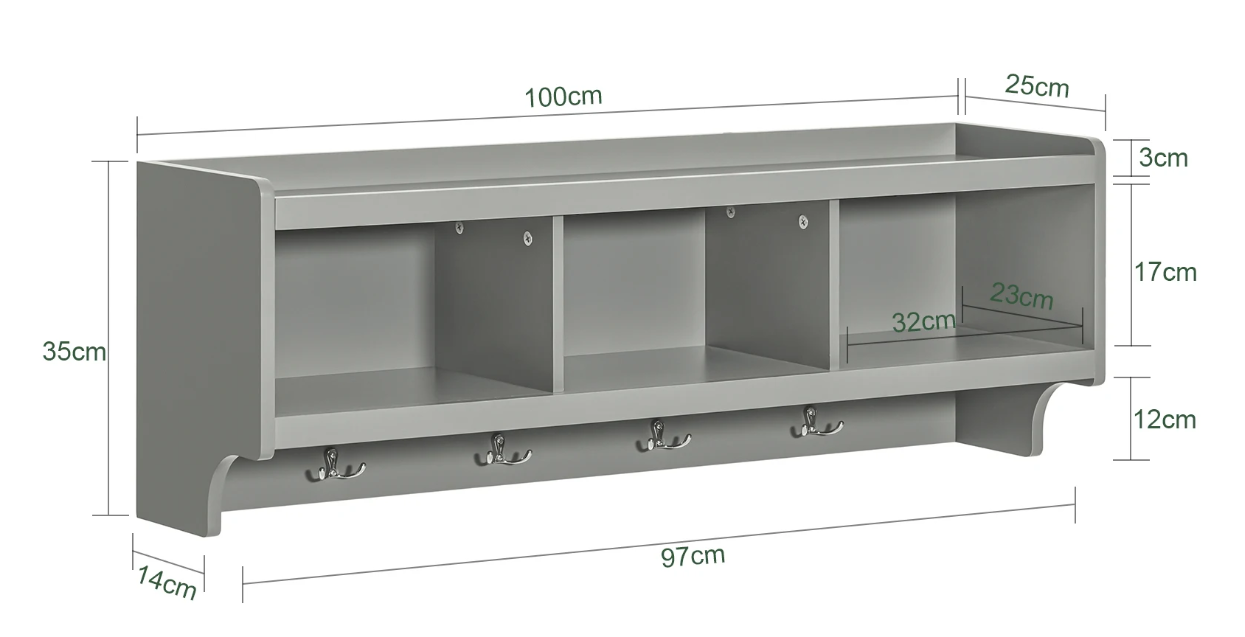 Wandkapstok met Plank – Organizer met 3 Vakken & 4 Haken, Grijs