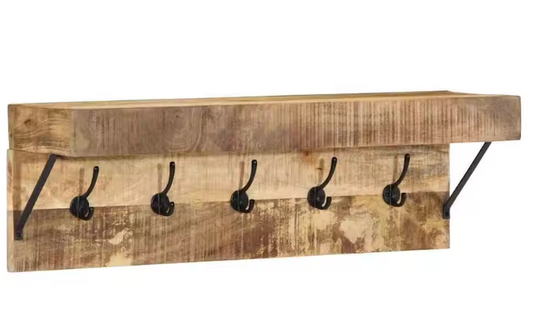Wandkapstok van Massief Mangohout – Metalen Kapstokrek met Plank & 5 Haken