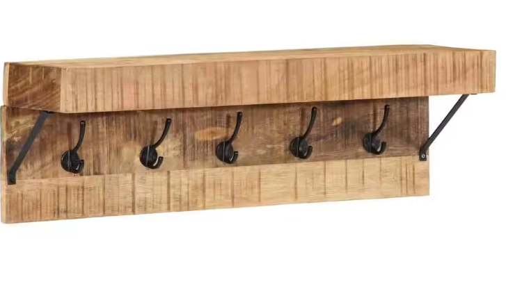 Wandkapstok van Massief Mangohout – Metalen Kapstokrek met Plank & 5 Haken