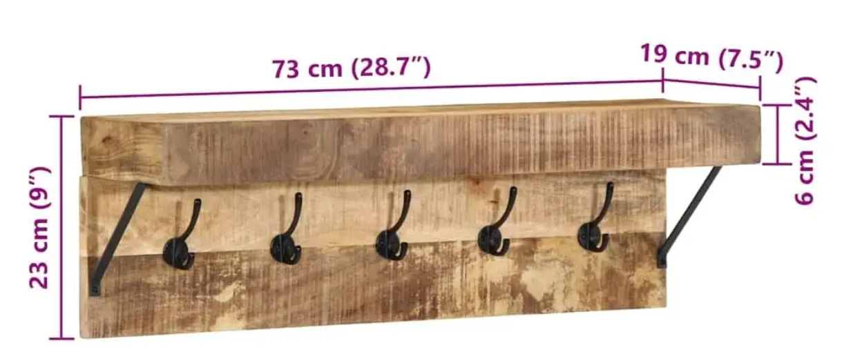 Wandkapstok van Massief Mangohout – Metalen Kapstokrek met Plank & 5 Haken