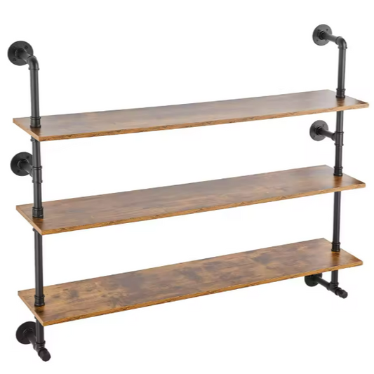 Industriële Wandplank met Pijpbeugel – Houten Opbergrek & Wandmontage, 3 Lagen