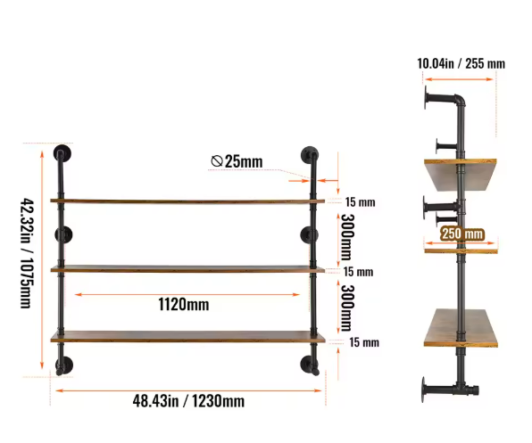 Industriële Wandplank met Pijpbeugel – Houten Opbergrek & Wandmontage, 3 Lagen