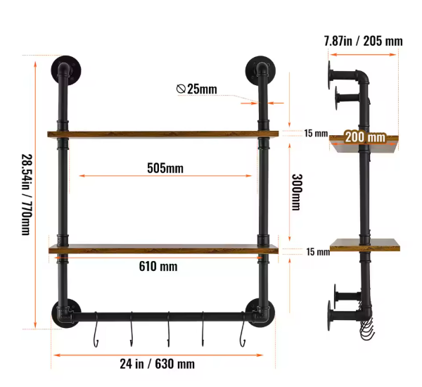 Industriële Wandplank met Pijpbeugel – Houten Opbergrek & Wandmontage, 3 Lagen