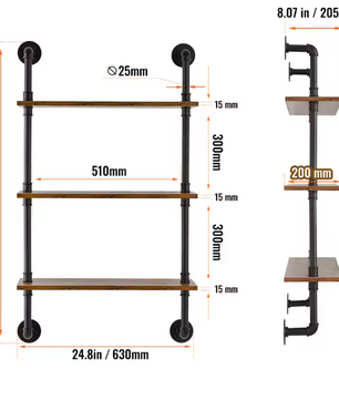 Industriële Wandplank met Pijpbeugel – Houten Opbergrek & Wandmontage, 3 Lagen