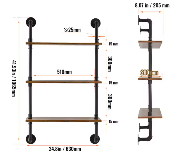 Industriële Wandplank met Pijpbeugel – Houten Opbergrek & Wandmontage, 3 Lagen