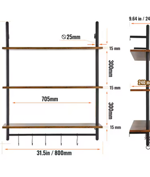 Industriële Wandplank met Pijpbeugel – Houten Opbergrek & Wandmontage, 3 Lagen