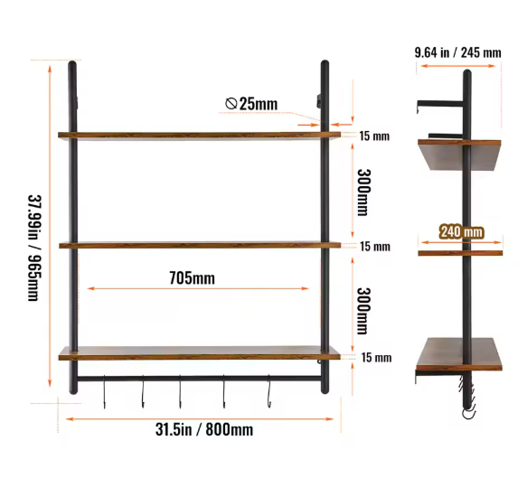 Industriële Wandplank met Pijpbeugel – Houten Opbergrek & Wandmontage, 3 Lagen