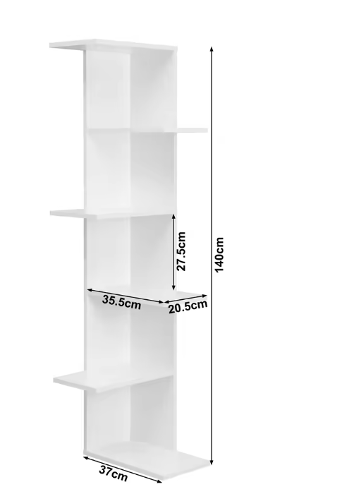 Wandplank Hoekrek 6-Lagen – Wit Zigzag Design, 37x37x140 cm