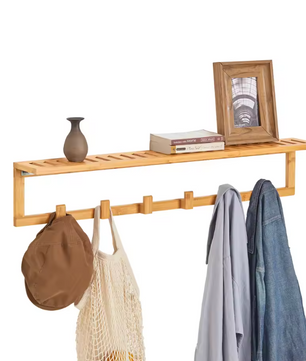 Bamboe Wandkapstok met Plank – 6 Haken & Opbergruimte, 90 cm