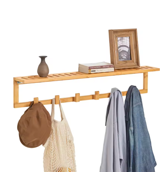 Bamboe Wandkapstok met Plank – 6 Haken & Opbergruimte, 90 cm