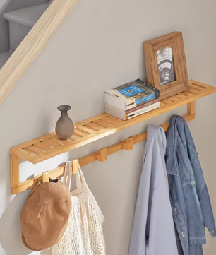 Bamboe Wandkapstok met Plank – 6 Haken & Opbergruimte, 90 cm