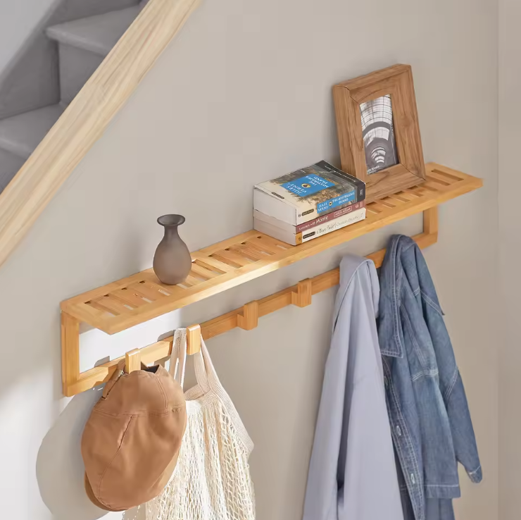Bamboe Wandkapstok met Plank – 6 Haken & Opbergruimte, 90 cm