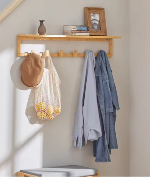 Bamboe Wandkapstok met Plank – 6 Haken & Opbergruimte, 90 cm