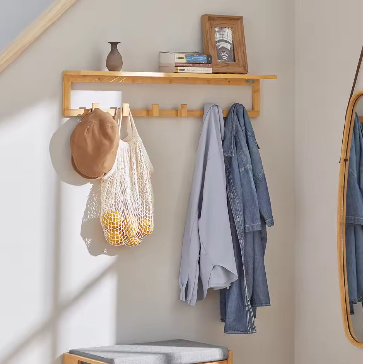 Bamboe Wandkapstok met Plank – 6 Haken & Opbergruimte, 90 cm