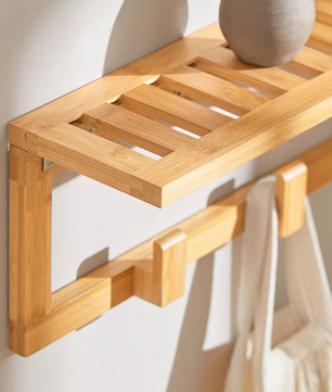 Bamboe Wandkapstok met Plank – 6 Haken & Opbergruimte, 90 cm