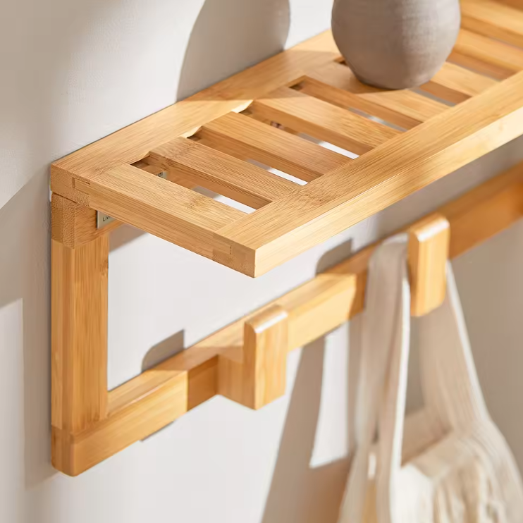 Bamboe Wandkapstok met Plank – 6 Haken & Opbergruimte, 90 cm