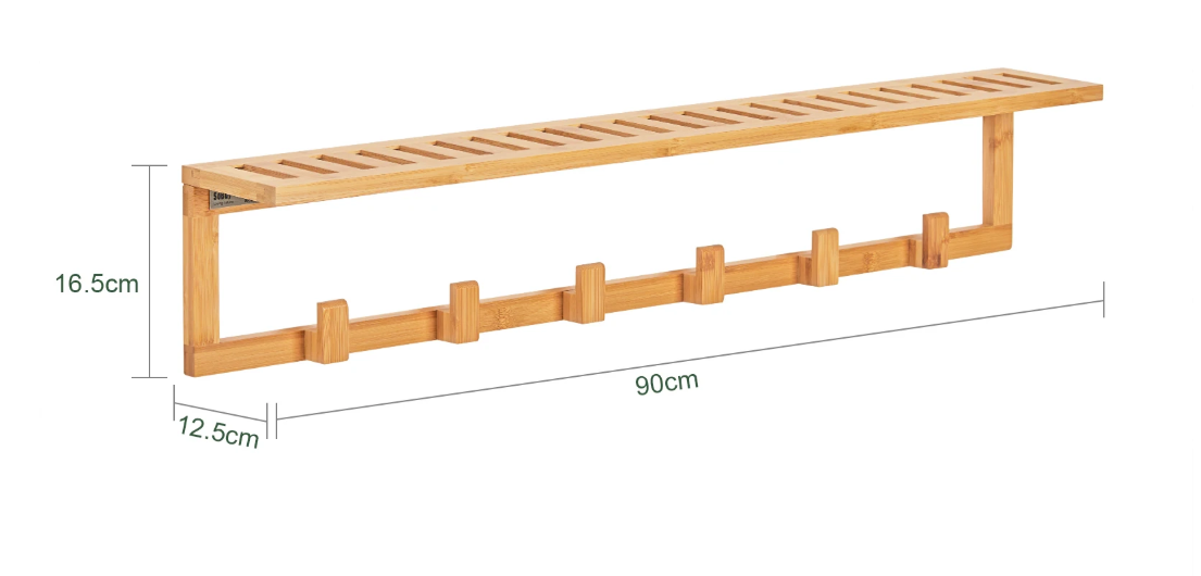Bamboe Wandkapstok met Plank – 6 Haken & Opbergruimte, 90 cm