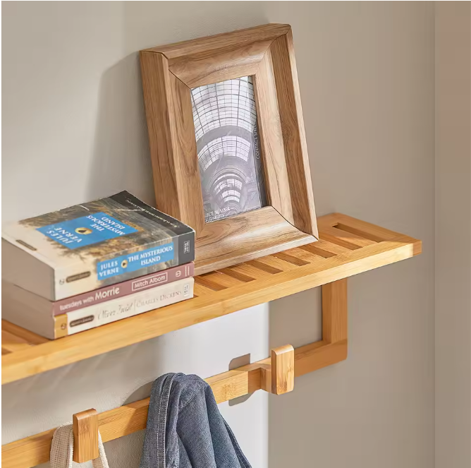Bamboe Wandkapstok met Plank – 6 Haken & Opbergruimte, 90 cm