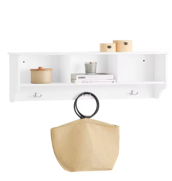 Wandkapstok met Plank en 3 Haken – Wit MDF, 100 cm