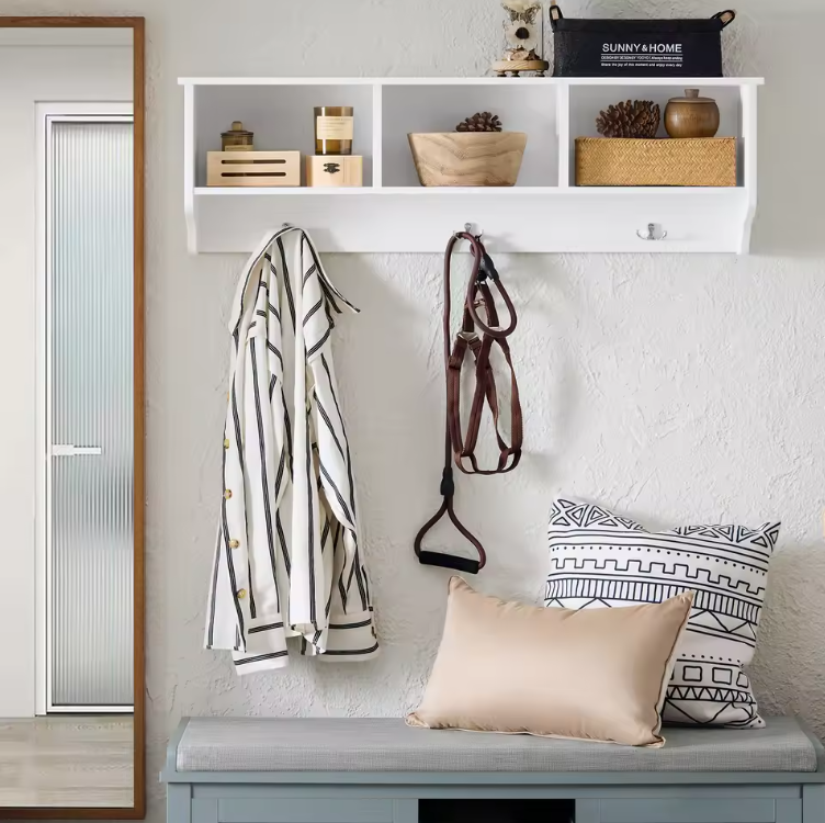 Wandkapstok met Plank en 3 Haken – Wit MDF, 100 cm