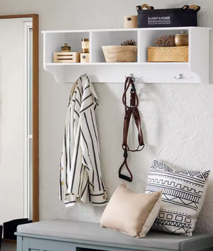 Wandkapstok met Plank en 3 Haken – Wit MDF, 100 cm