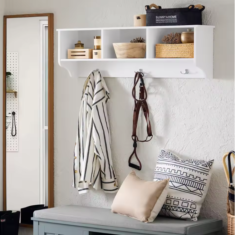 Wandkapstok met Plank en 3 Haken – Wit MDF, 100 cm