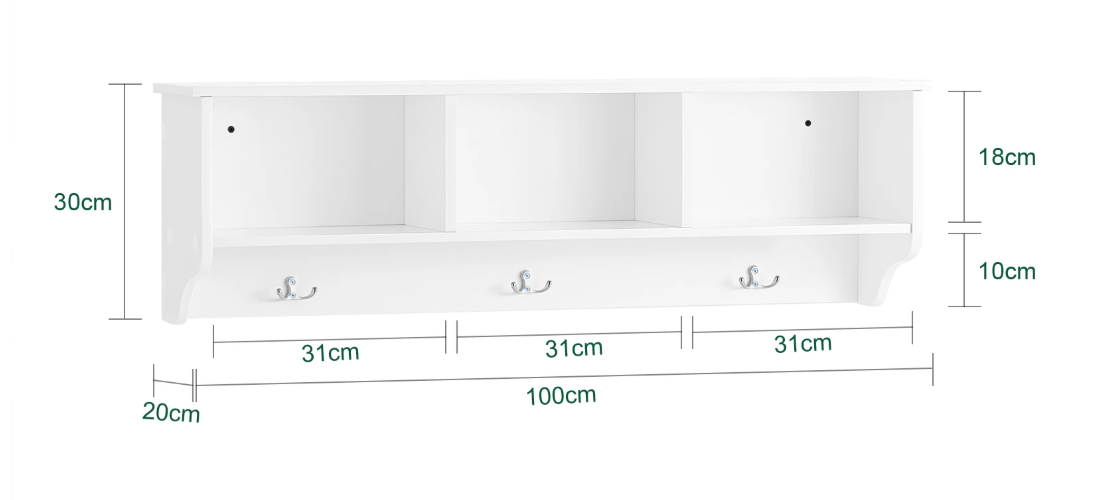 Wandkapstok met Plank en 3 Haken – Wit MDF, 100 cm